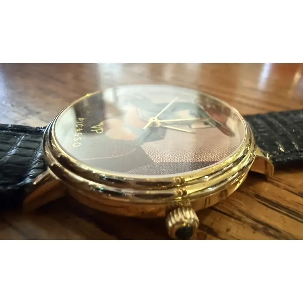 Vintage VP Picasso Art Watch 32mm Gold Black Lizard Strap Quartz. New Battery
